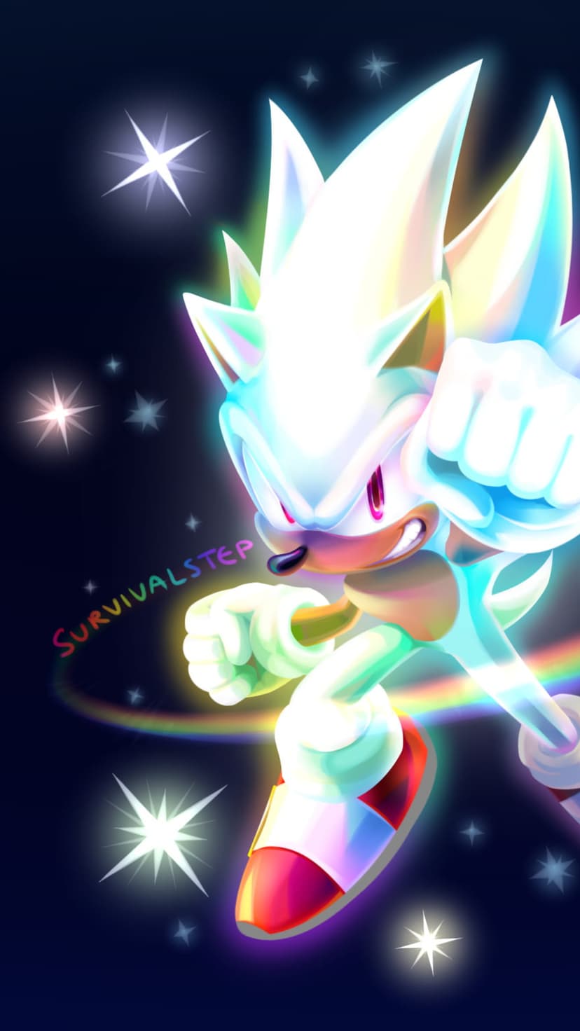 Super Sonic in hyper form sprints forward amidst glowing rainbow light trails and sparkling white stars.