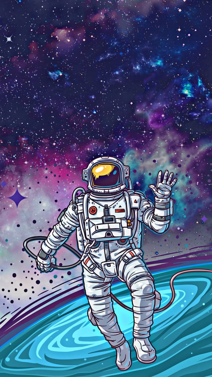 Astronaut in a white suit waves amidst glowing blue cosmic clouds and distant stars in deep space.