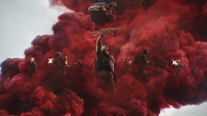 Soldiers in tactical gear emerge from thick red smoke as a helicopter hovers above in a cinematic scene.