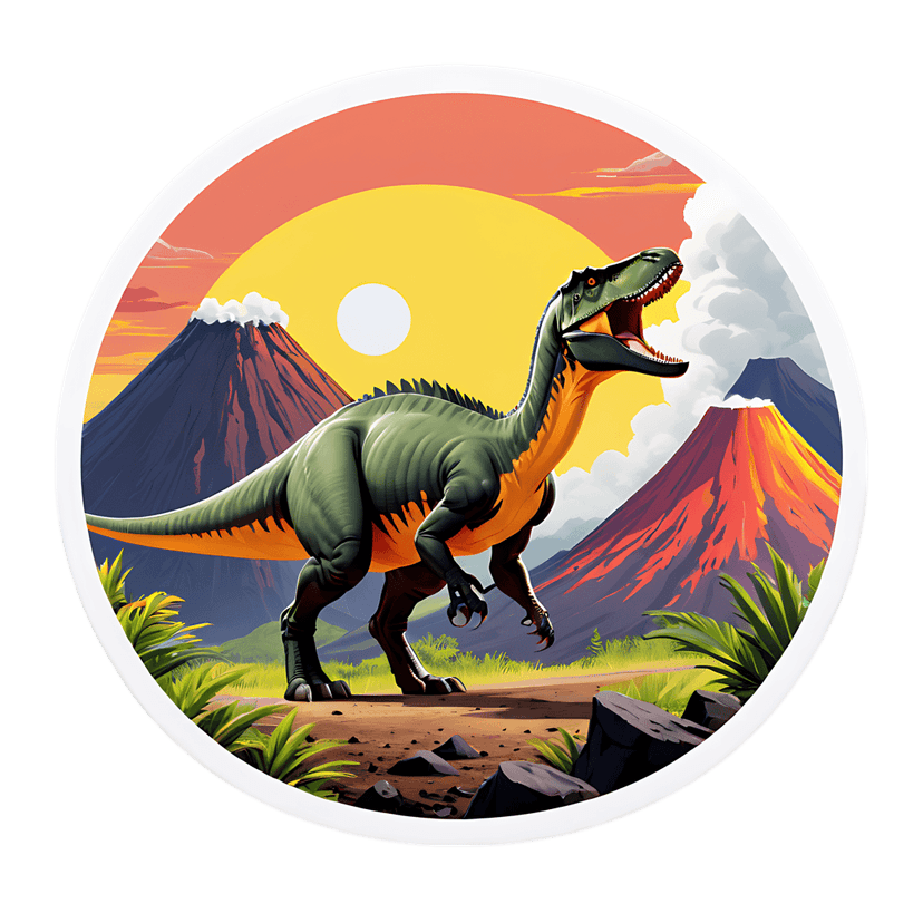 Green dinosaur profile sticker stands before erupting volcanoes and a yellow sunset with lush jungle foliage.