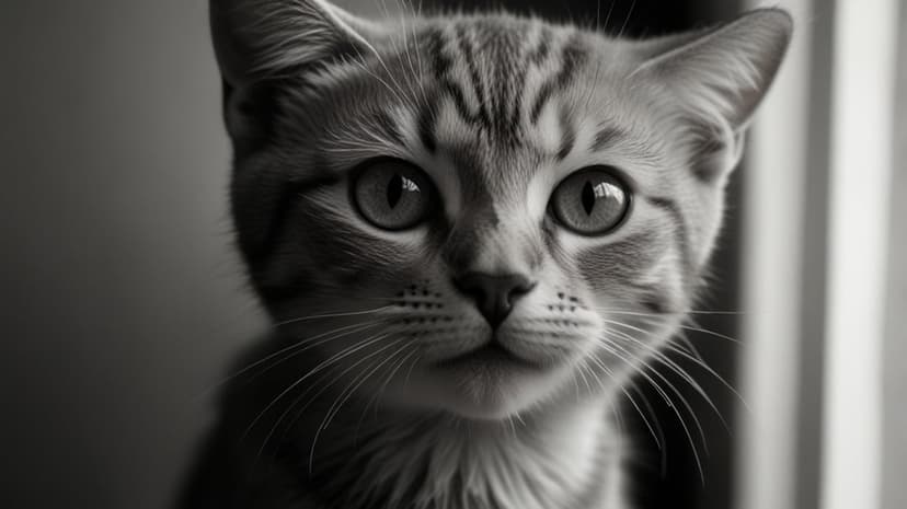 Tabby kitten face in a high-contrast black and white portrait featuring large eyes and detailed white whiskers.