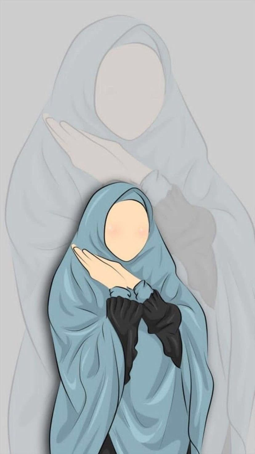 Muslim woman in a blue hijab raises her palms in prayer against a soft, ethereal minimalist background.