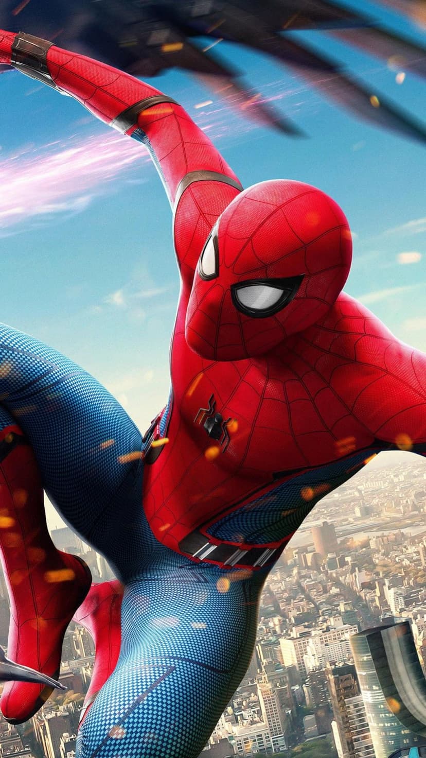 Spider-Man swings on a web strand between tall New York City buildings during a bright, sunny afternoon.
