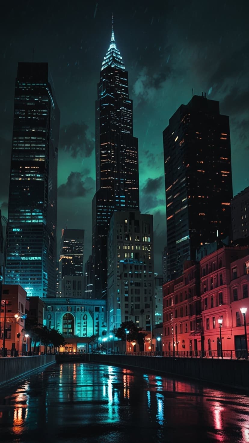 Illuminated skyscrapers tower over wet streets and a canal reflecting blue and red neon lights at night.