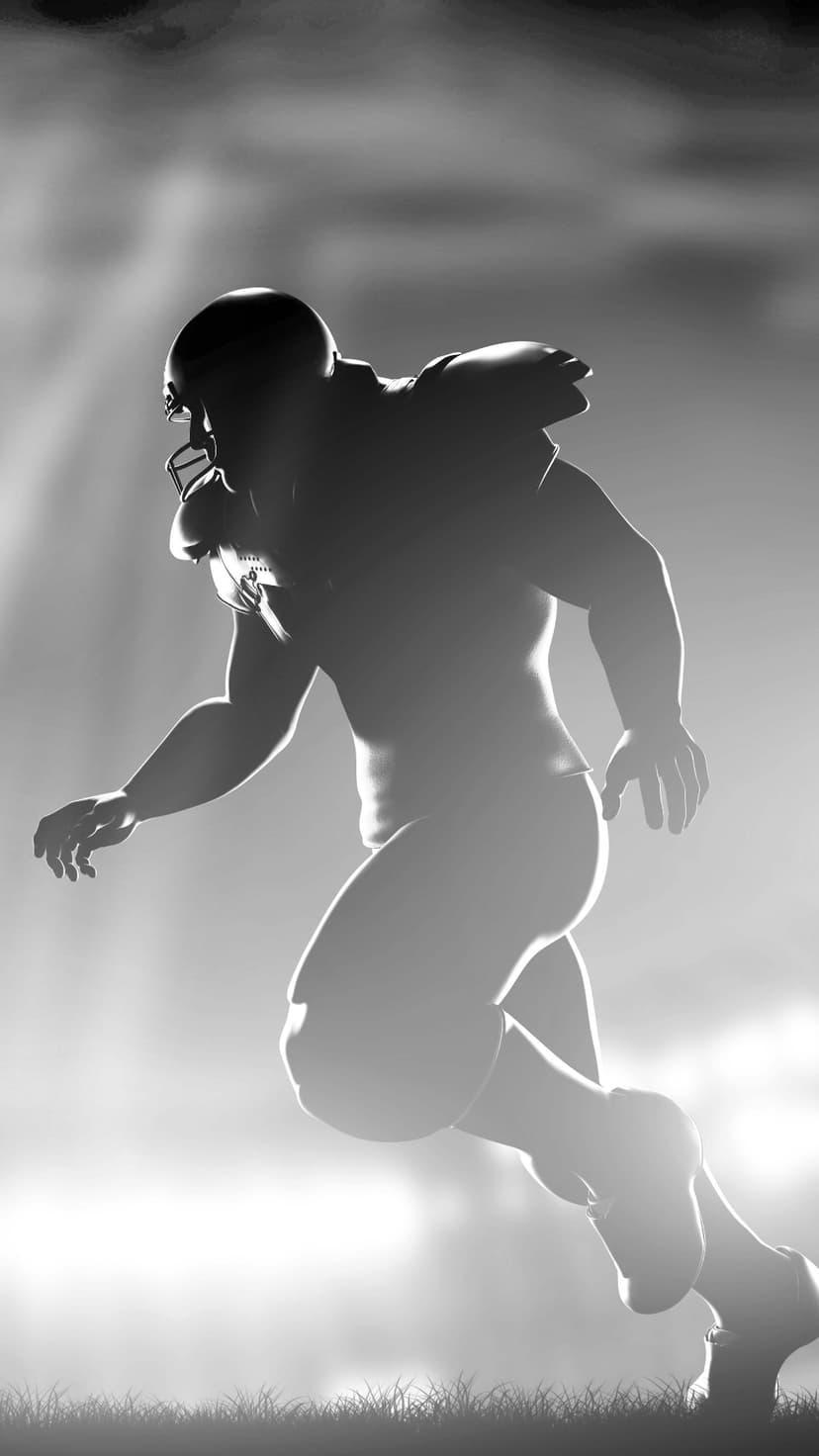Football player in silhouette runs through a dark stadium while bright overhead lights create a high contrast rim.