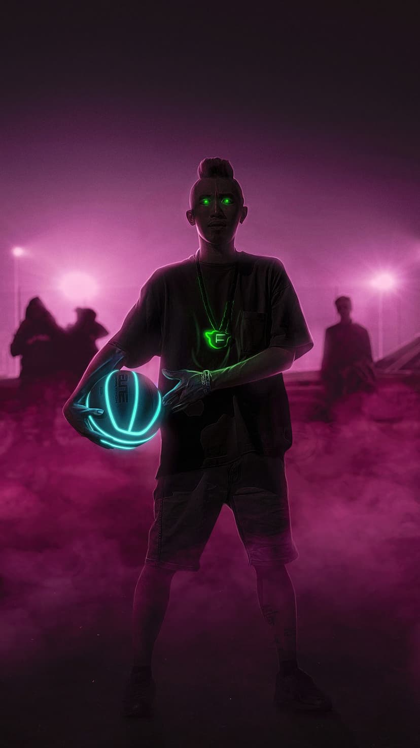 Hooded athlete with glowing green eyes holds a luminescent blue basketball in a purple misty urban setting.