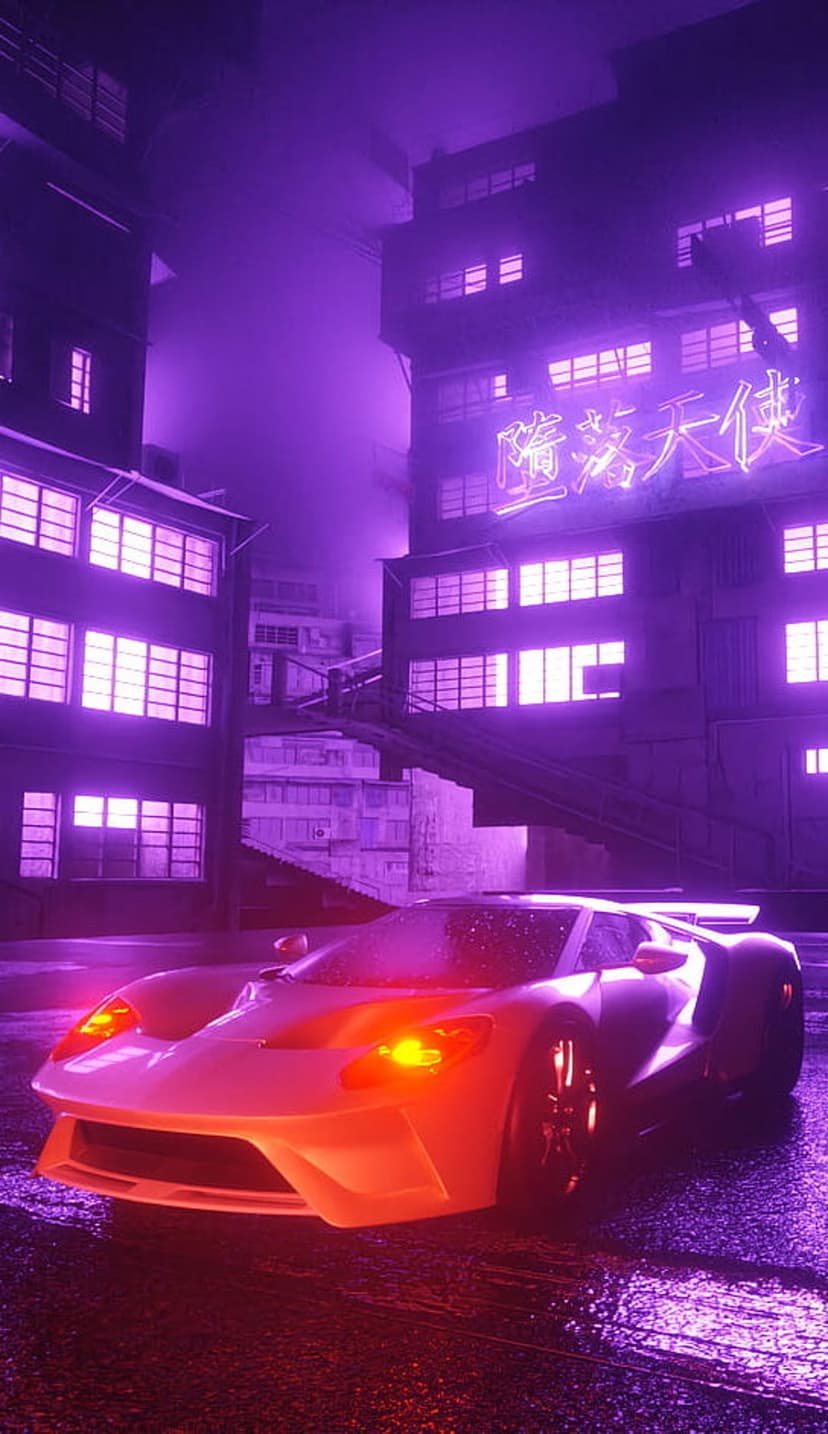 Futuristic sports car with amber headlights parked on a wet street under purple neon signs and kanji characters.