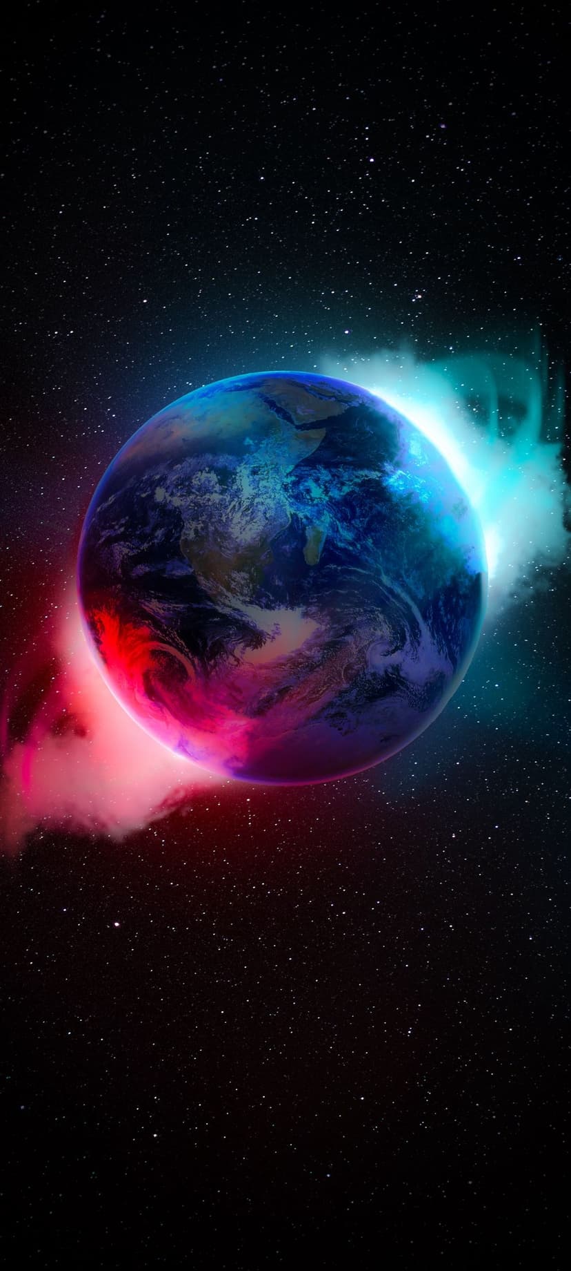 Planet Earth glows against swirling red and blue cosmic clouds and distant stars in a deep space environment.