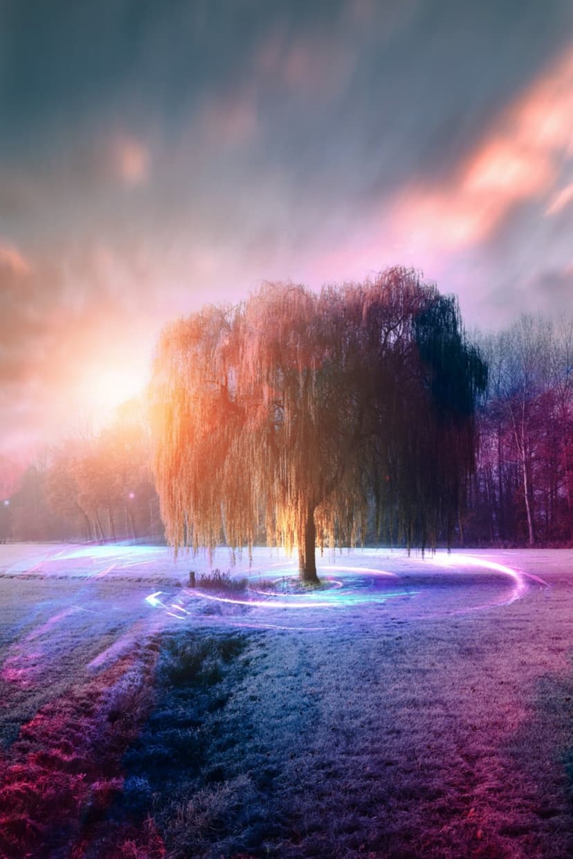 Weeping willow tree with glowing light trails at sunset in a lush field with a vibrant orange and purple sky.