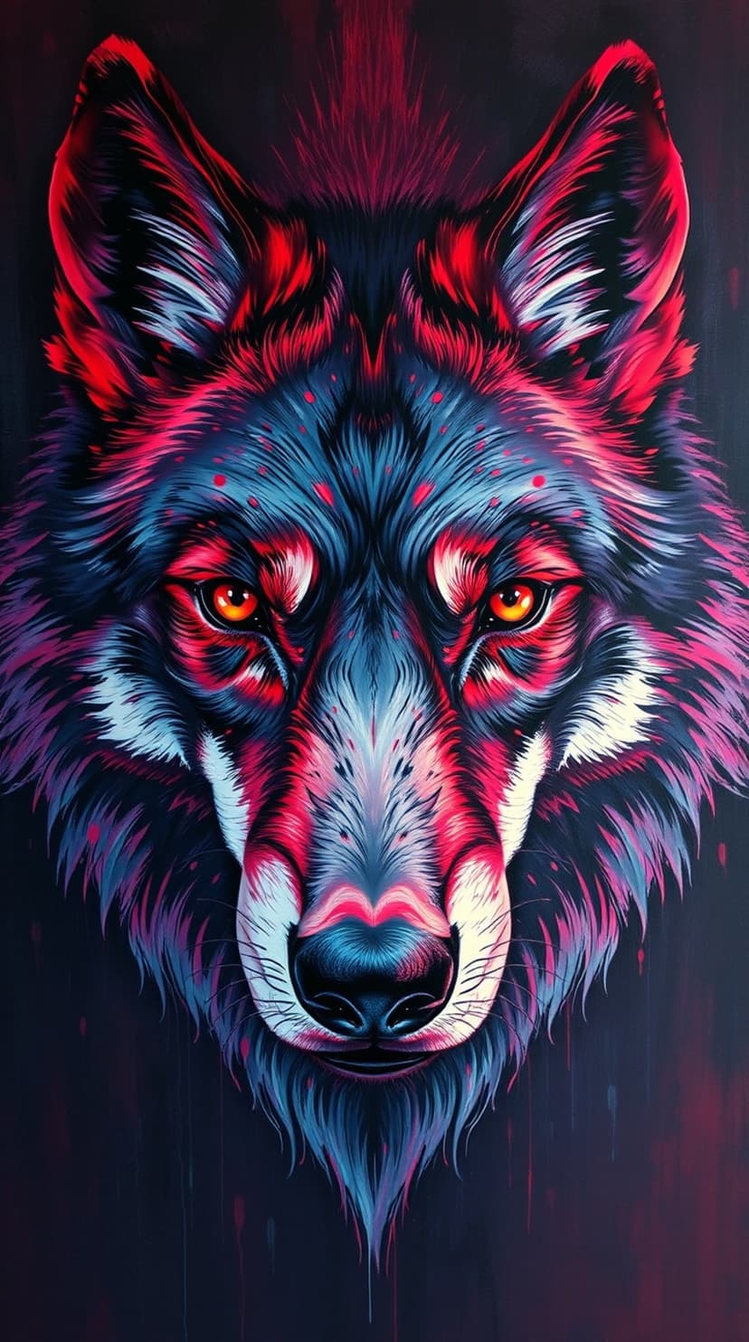Wolf head with fur glowing in fuchsia and cyan light, featuring intense amber eyes on a dark background.