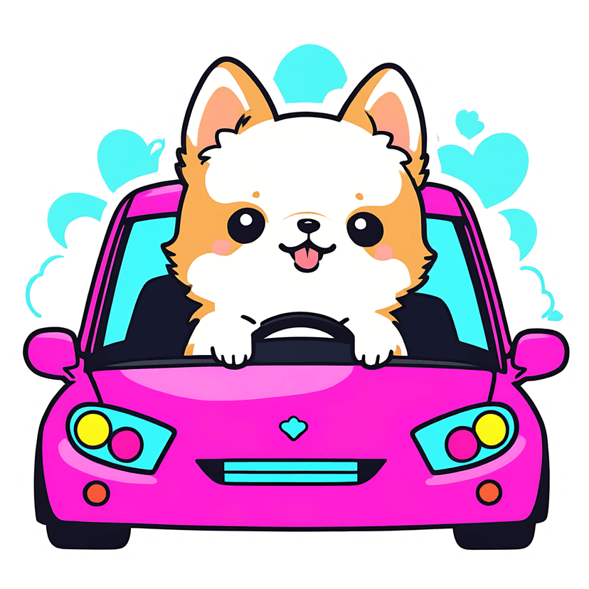 Corgi puppy driving pink car features orange fur and bold outlines against black background with blue hearts.