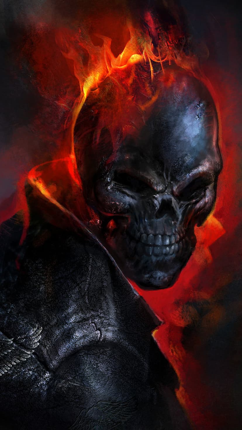 Black skull engulfed in swirling orange and red flames with glowing eye sockets against a dark background.