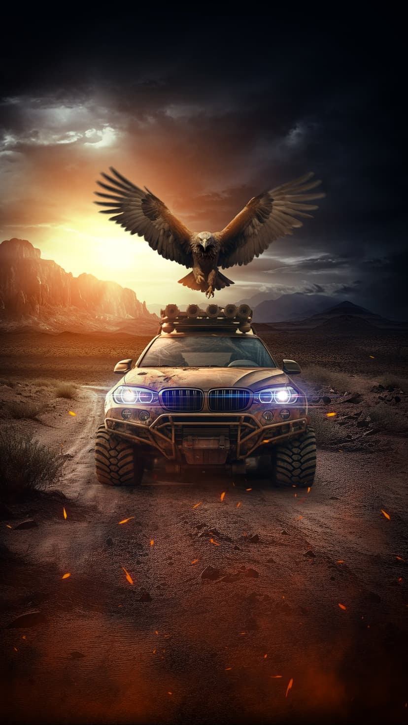 Golden eagle with spread wings glides over a 4x4 truck navigating a rocky desert trail during a fiery sunset.