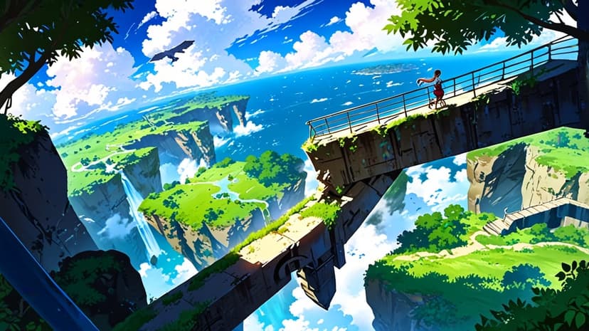 Lush floating islands with waterfalls connected by a metal bridge under a vibrant sky with a small figure.