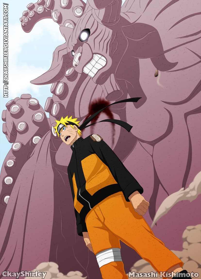 Naruto Uzumaki prepares for battle against the massive purple Ten-Tails monster on a war-torn battlefield.