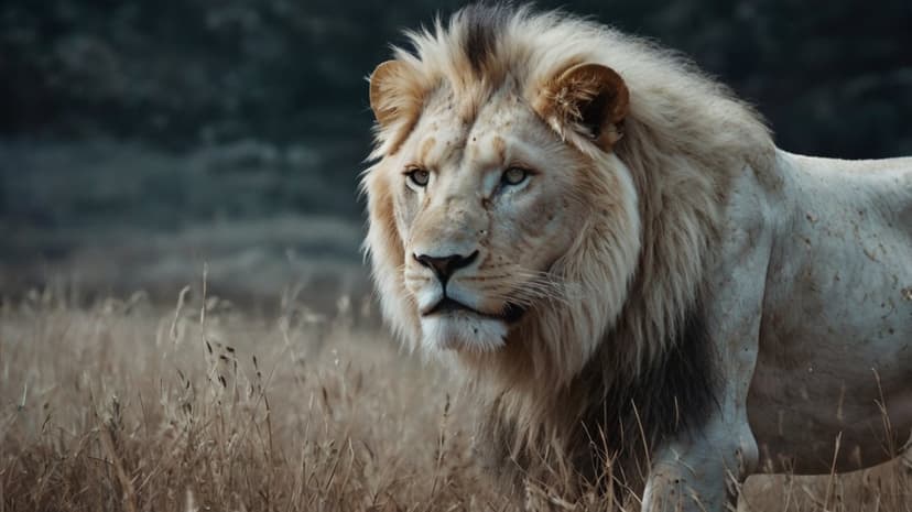 White lion with a thick mane stands alert in tall dry grass under soft light against a blurred safari background.