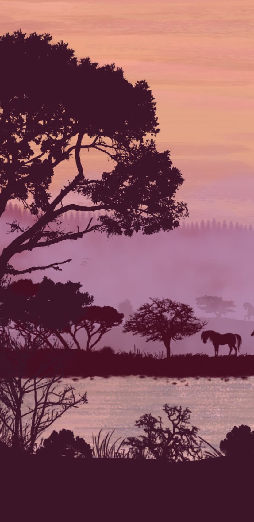 Silhouetted horses and acacia trees stand near a misty watering hole under a vibrant orange and violet twilight.