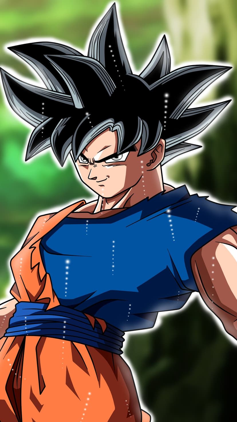 Goku in Mastered Ultra Instinct form with silver hair, a smirk, and blue and orange gi against a blurred background.