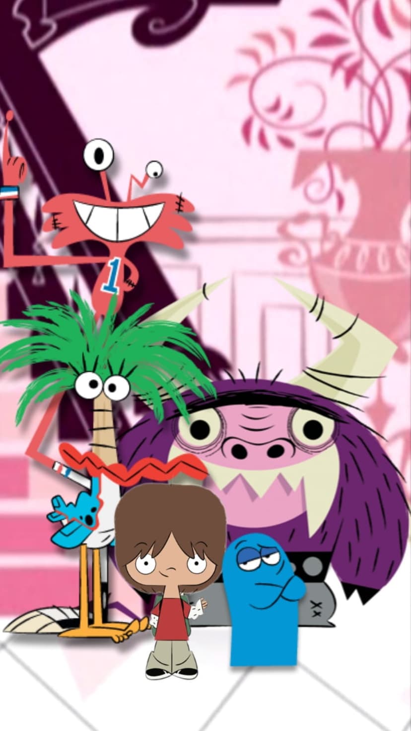 Mac, Bloo, Wilt, Eduardo, and Coco stand together in a group pose on a pink abstract background with flowers.