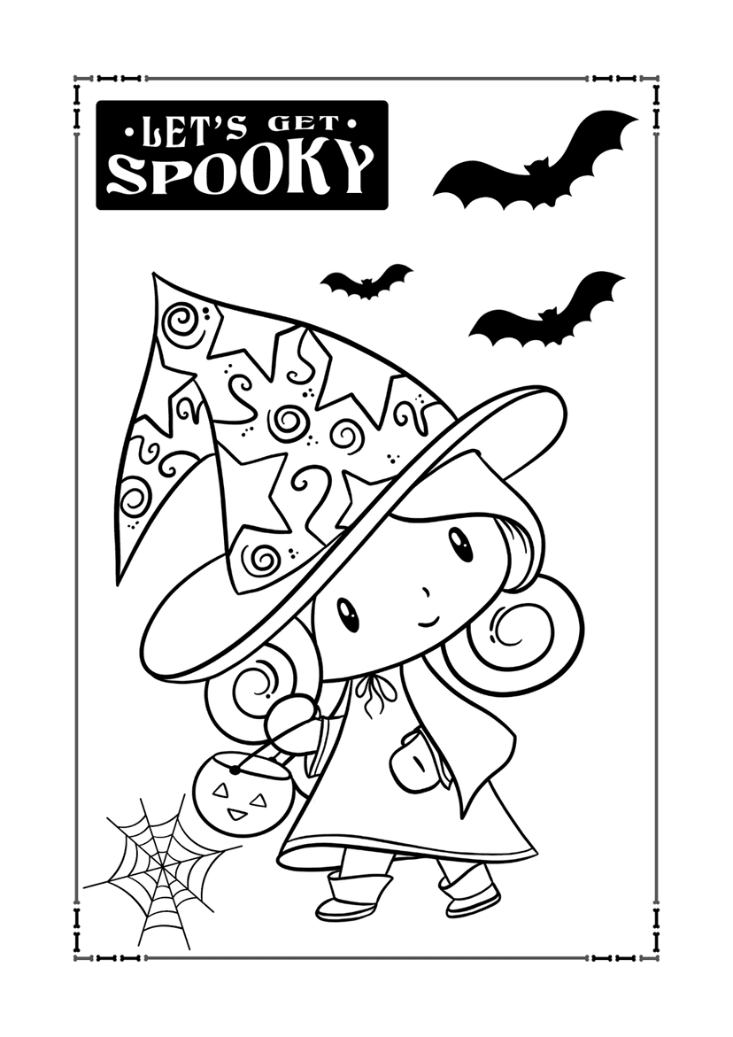 Halloween coloring page featuring a cartoon witch holding a pumpkin bucket while bats fly in the background.