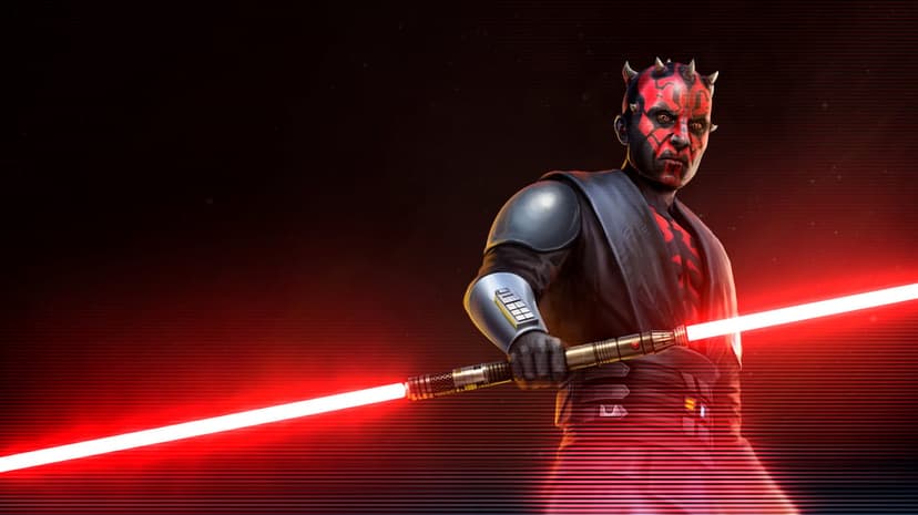 Darth Maul with a double-bladed red lightsaber against a dark background with horizontal red light streaks.