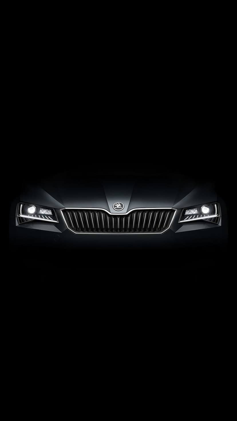 Skoda car front grille and glowing LED headlights emerge from a pitch-black background in a low-angle shot.