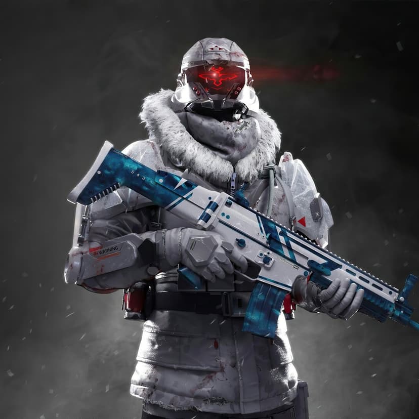 Arctic soldier in white armor holds a blue rifle with red glowing visor lights in a snowy environment.