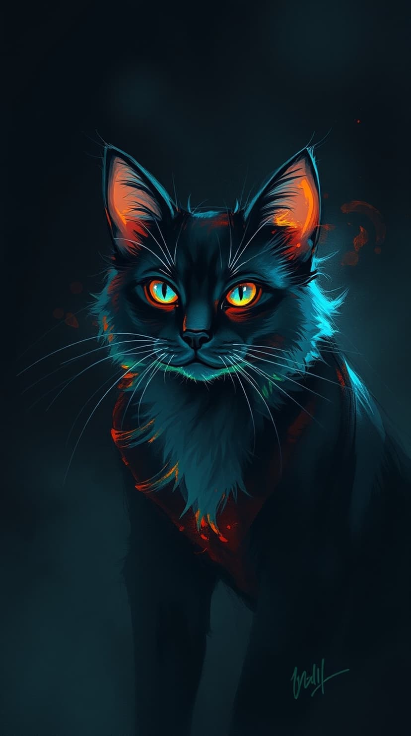 Black cat with one glowing orange eye and one neon blue eye stares forward amidst vibrant teal and red fur accents.