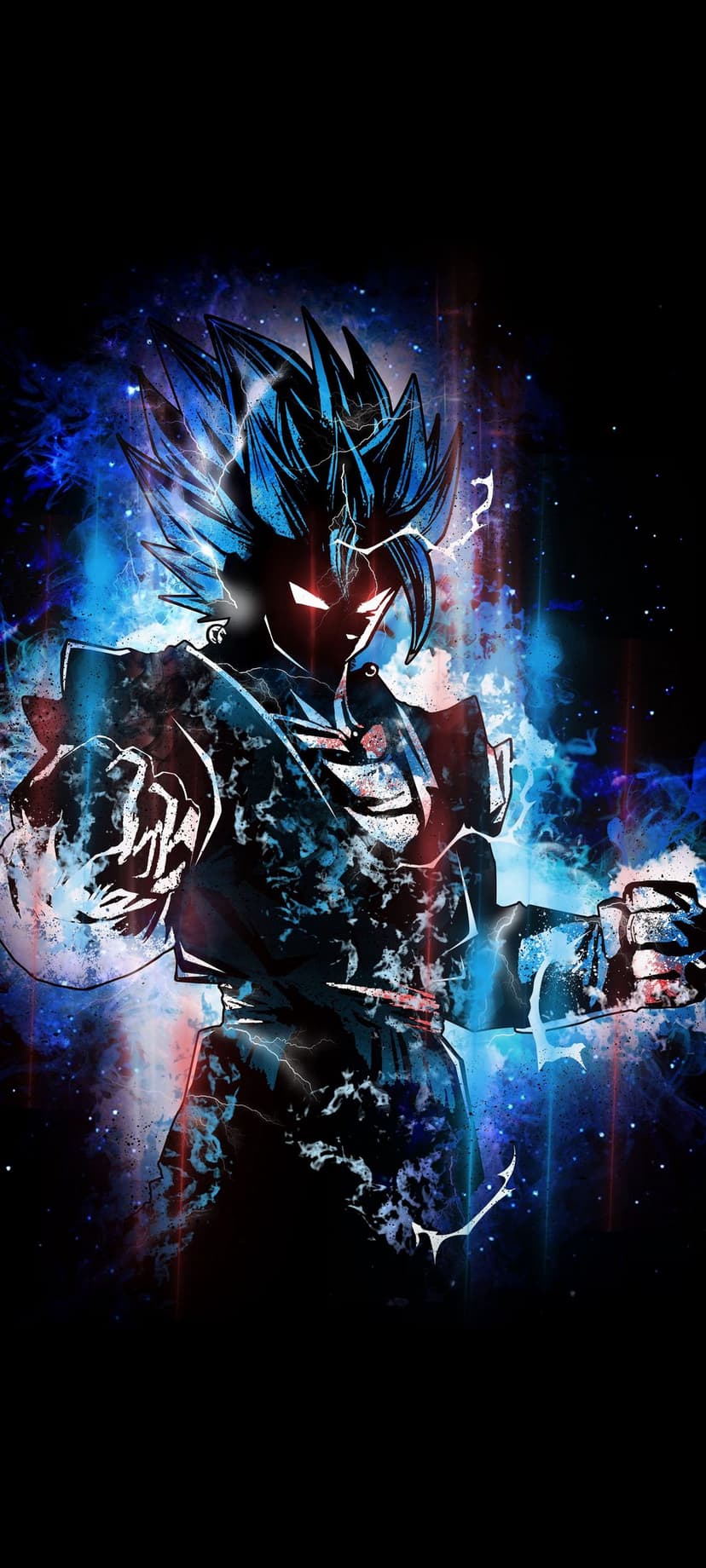 Goku with spiky blue hair and glowing red eyes stands amidst a swirling cosmic aura of intense electric energy.