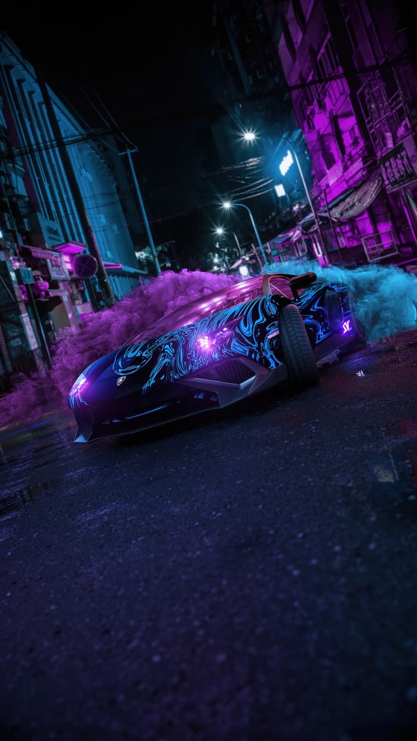 Blue sports car drifts on a wet city street with pink neon smoke trails under glowing purple lights.