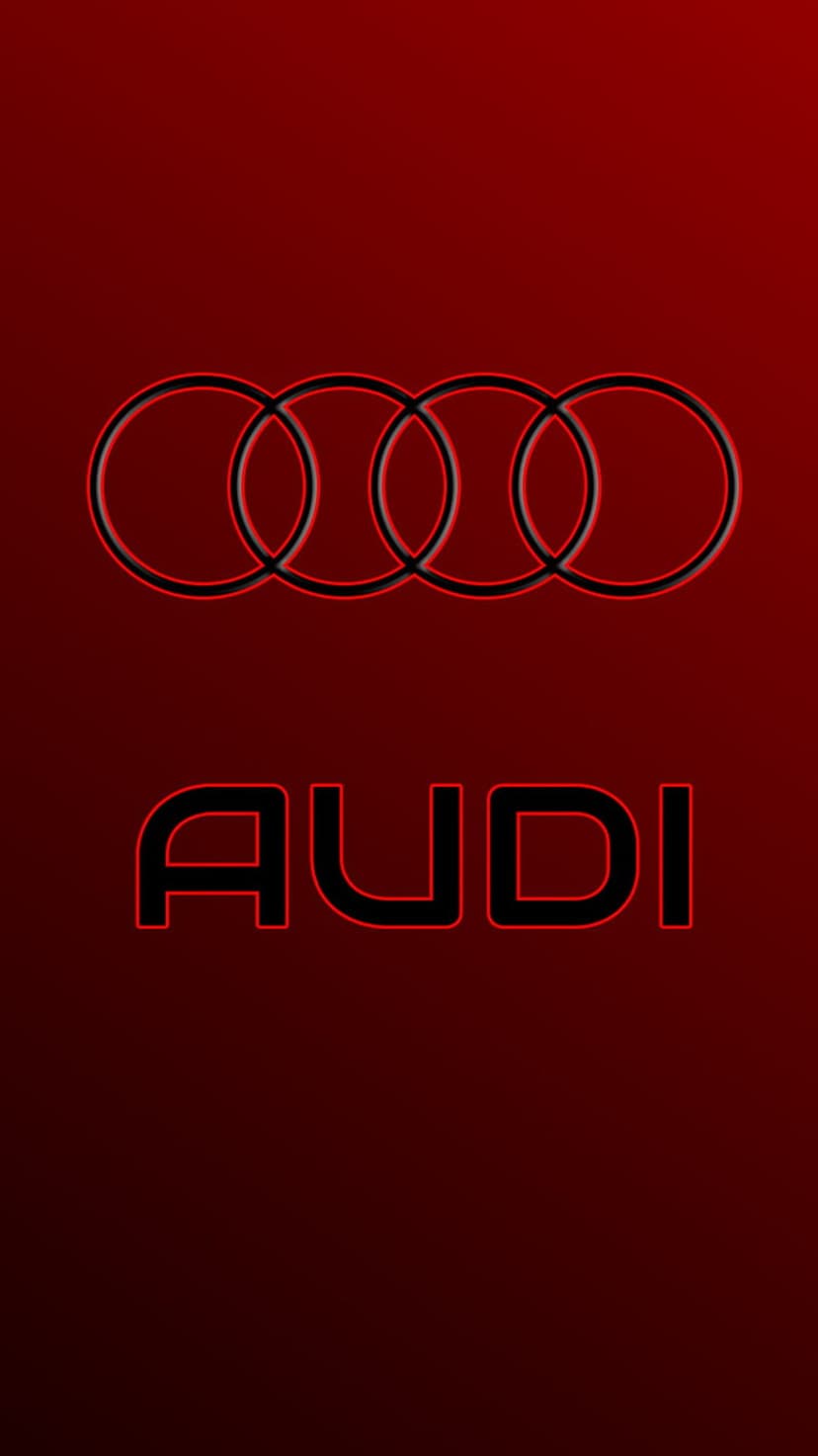 Interlocking Audi rings and text with red outlines centered on a dark vertical red and black gradient backdrop.