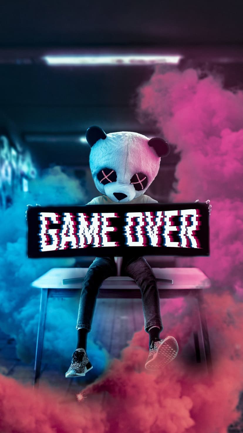 Person wearing a panda mask holds a Game Over sign while surrounded by thick pink and blue glowing smoke clouds.