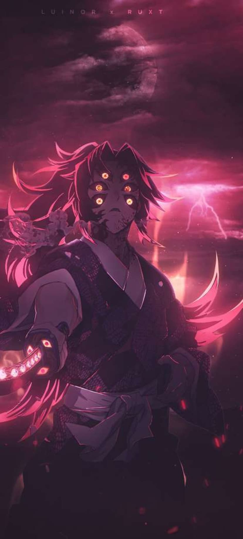 Kokushibo stands with six glowing eyes holding a curved sword beneath a large red moon in a dark night sky.
