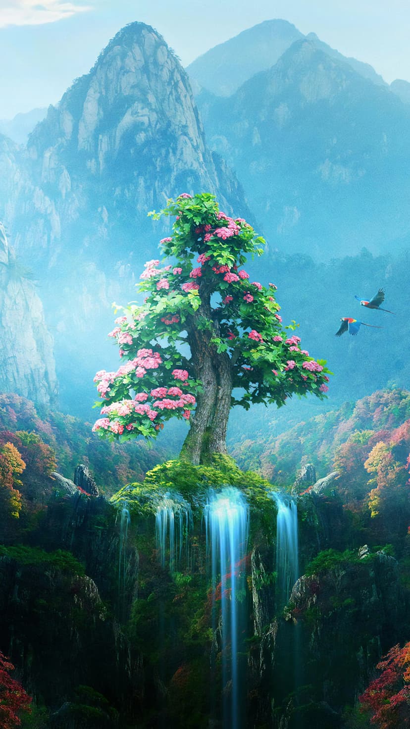 Pink blossom tree on a floating cliff overlooks a luminous waterfall and misty mountains with flying parrots.