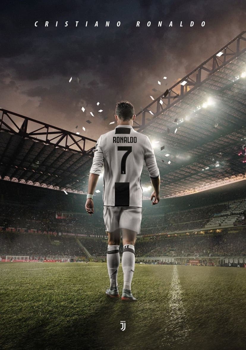 Cristiano Ronaldo in a Juventus jersey stands on a pitch with falling confetti and glowing stadium lights.