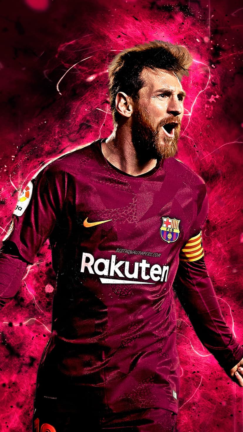 Lionel Messi wearing a red jersey stands before a massive pink energy explosion with swirling smoke and embers.