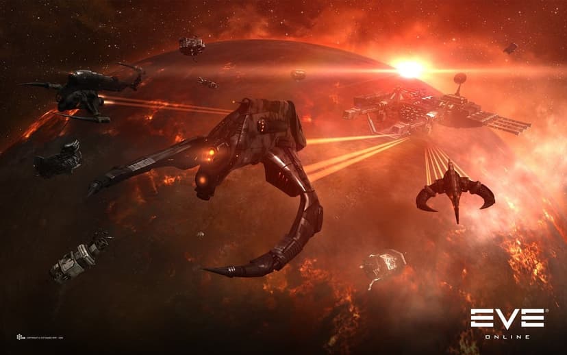 Futuristic black spaceships fly over a glowing red lava planet with a bright sun in a sci-fi space scene.