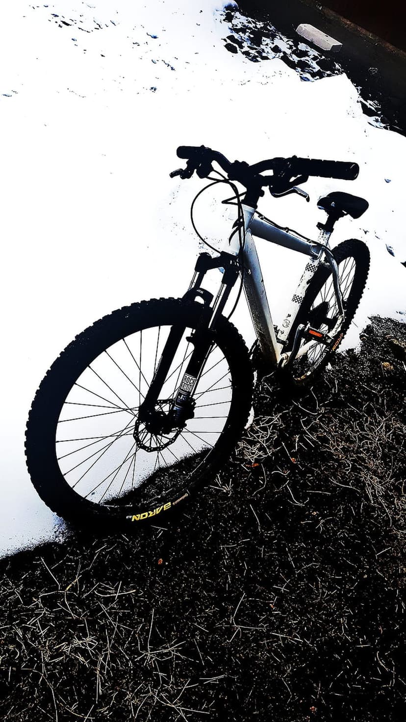Mountain bike silhouette against a bright white snowy field with dark winter grass in the foreground.