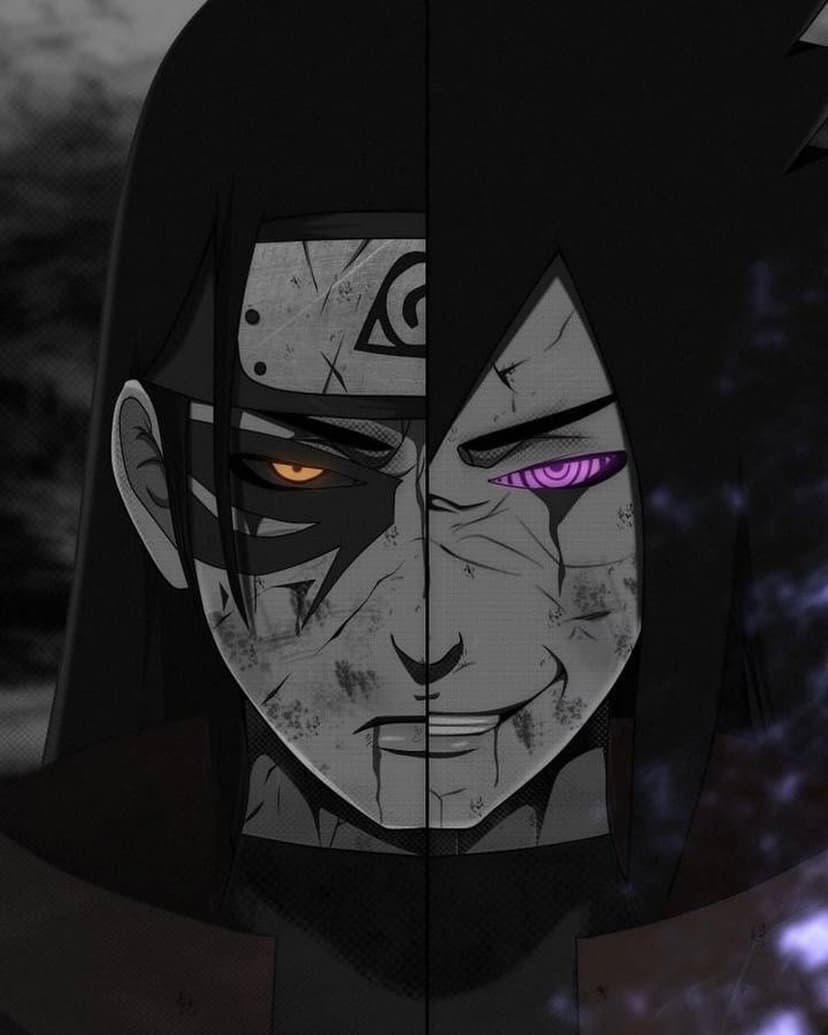 Madara Uchiha with a split face showing one red Sharingan eye and one purple Rinnegan eye against dark shadows.
