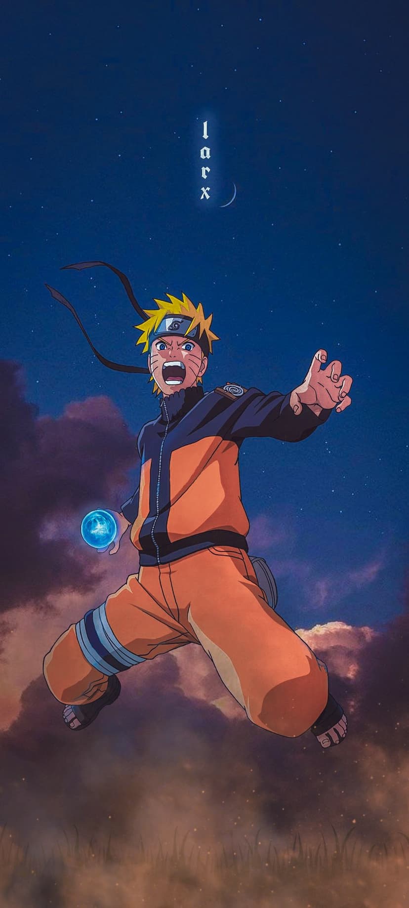 Naruto Uzumaki clutches a glowing blue energy sphere against a starry night sky in this vertical anime scene.