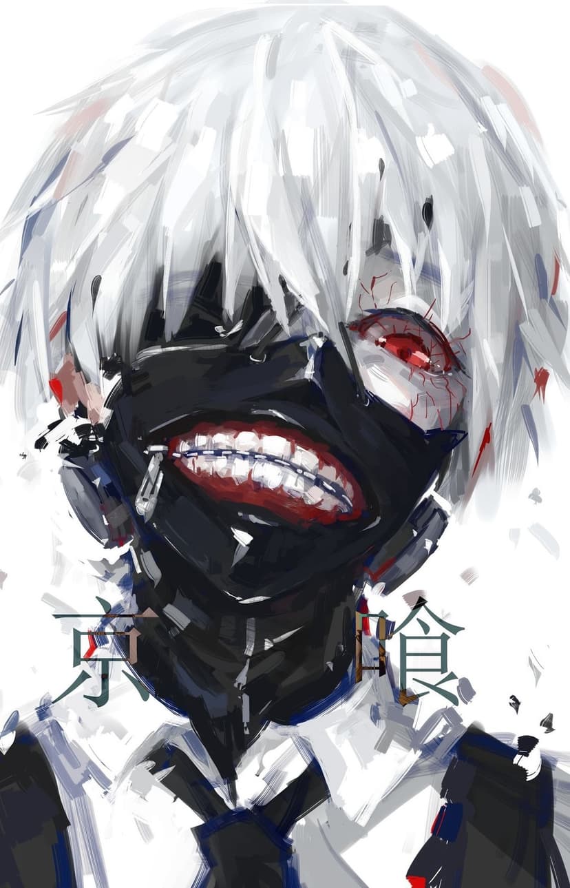 Kaneki Ken with white hair and a black ghoul mask revealing large metal teeth and one glowing red eye.