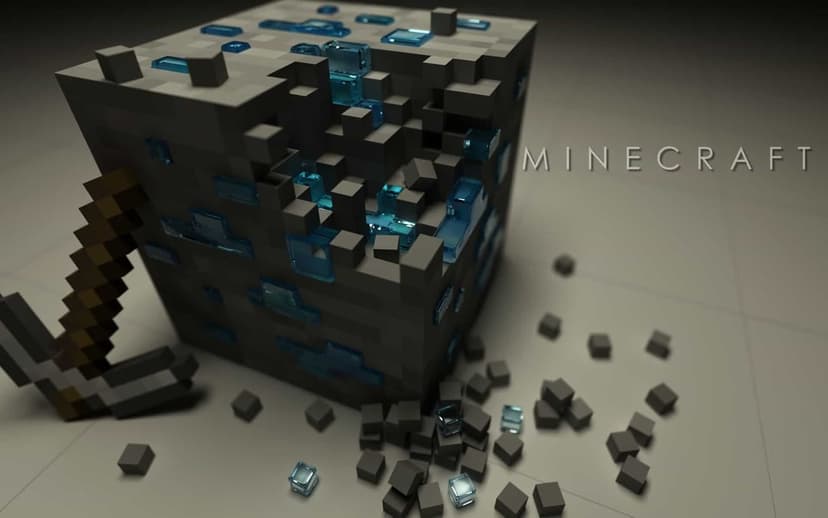 Breaking 3D Minecraft diamond ore block with translucent blue shards and a pickaxe on a gray surface.