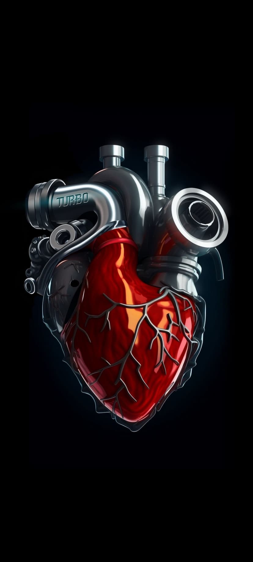Biomechanical heart with glowing red chambers and a silver turbocharger against a deep black background.