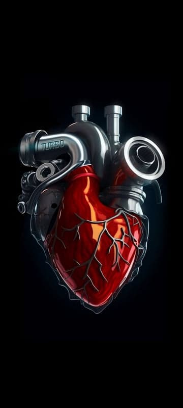 Mechanical Heart with Turbocharger on Black Background