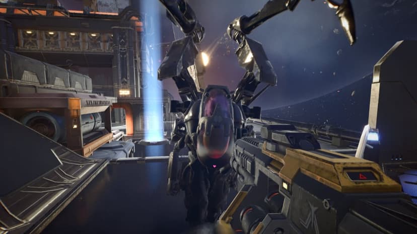 Giant mecha enemy faces a futuristic firearm on a space station with planetary rings and blue energy beams.