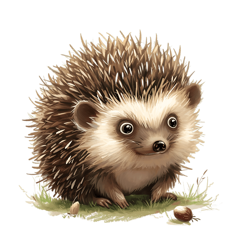 Hedgehog watercolor illustration shows brown quills and dark eyes on green grass with multiple small acorns.