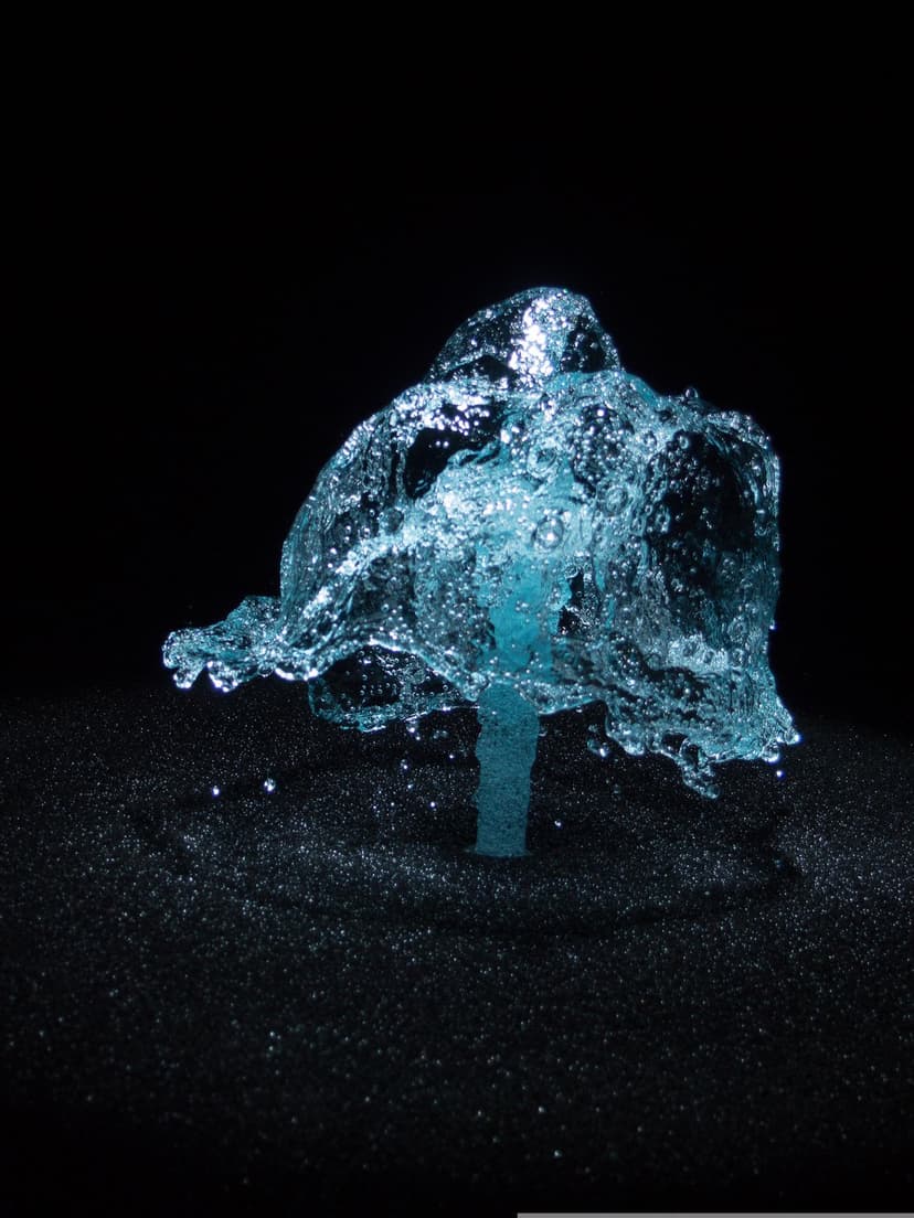 Blue water splash forming a mushroom shape with floating droplets against a dark, textured black background.