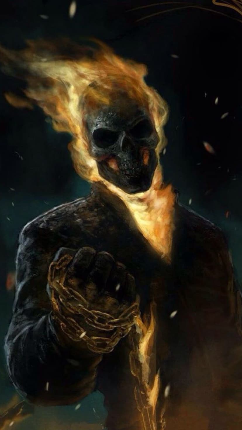 Ghost Rider with a flaming skeletal skull and a heavy metal chain wrapped around a fist against a dark background.