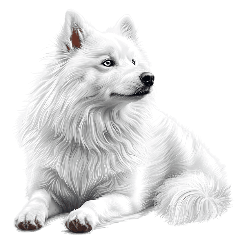 White Samoyed dog with flowing fur features blue eyes and dramatic lighting against a dark black background.