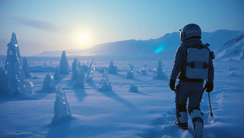 Astronaut in a white pressure suit walks past jagged ice spires on a snowy planet under a rising orange sun.